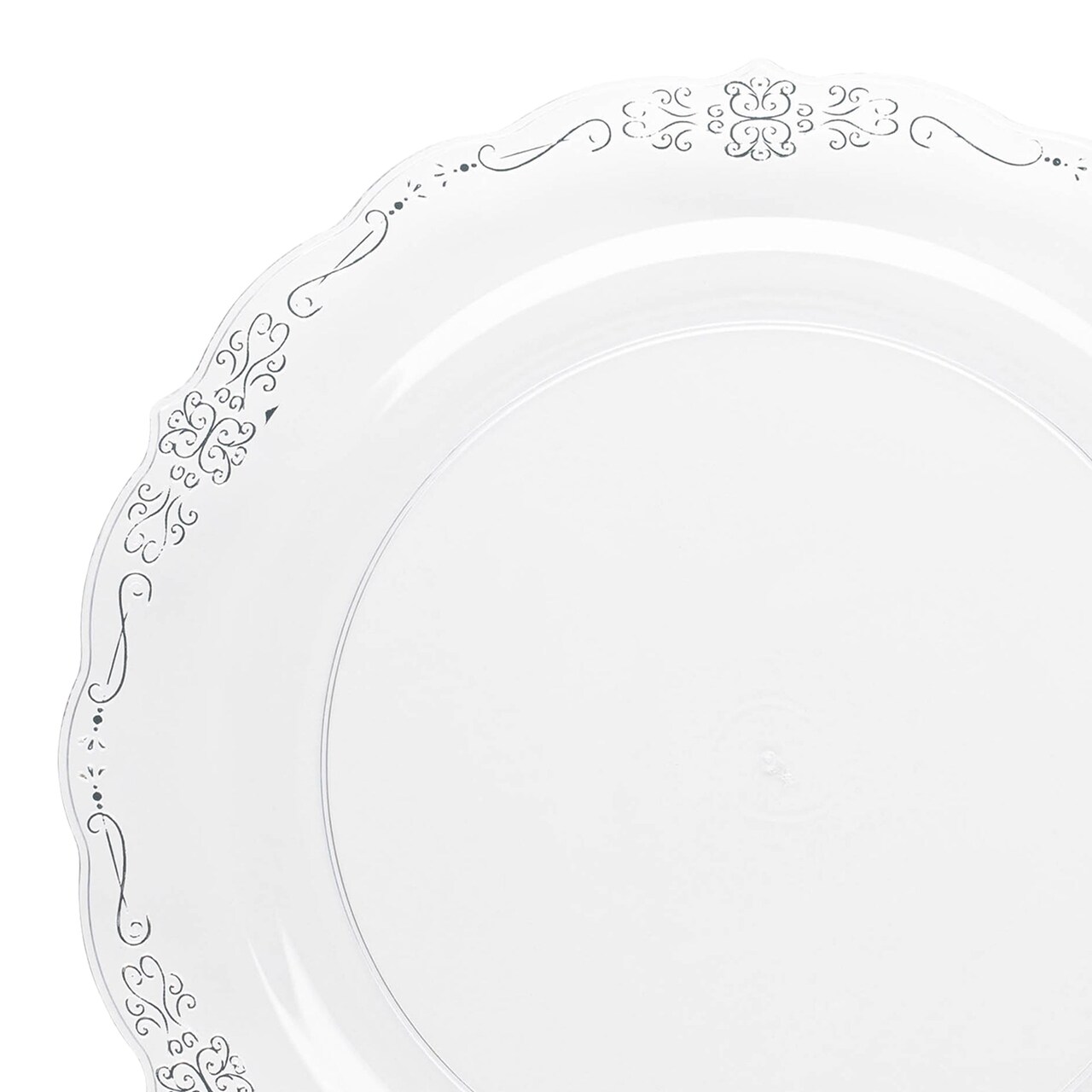 Clear with Silver Vintage Rim Round Disposable Plastic Dinner Plates - 10" (120 Plates)